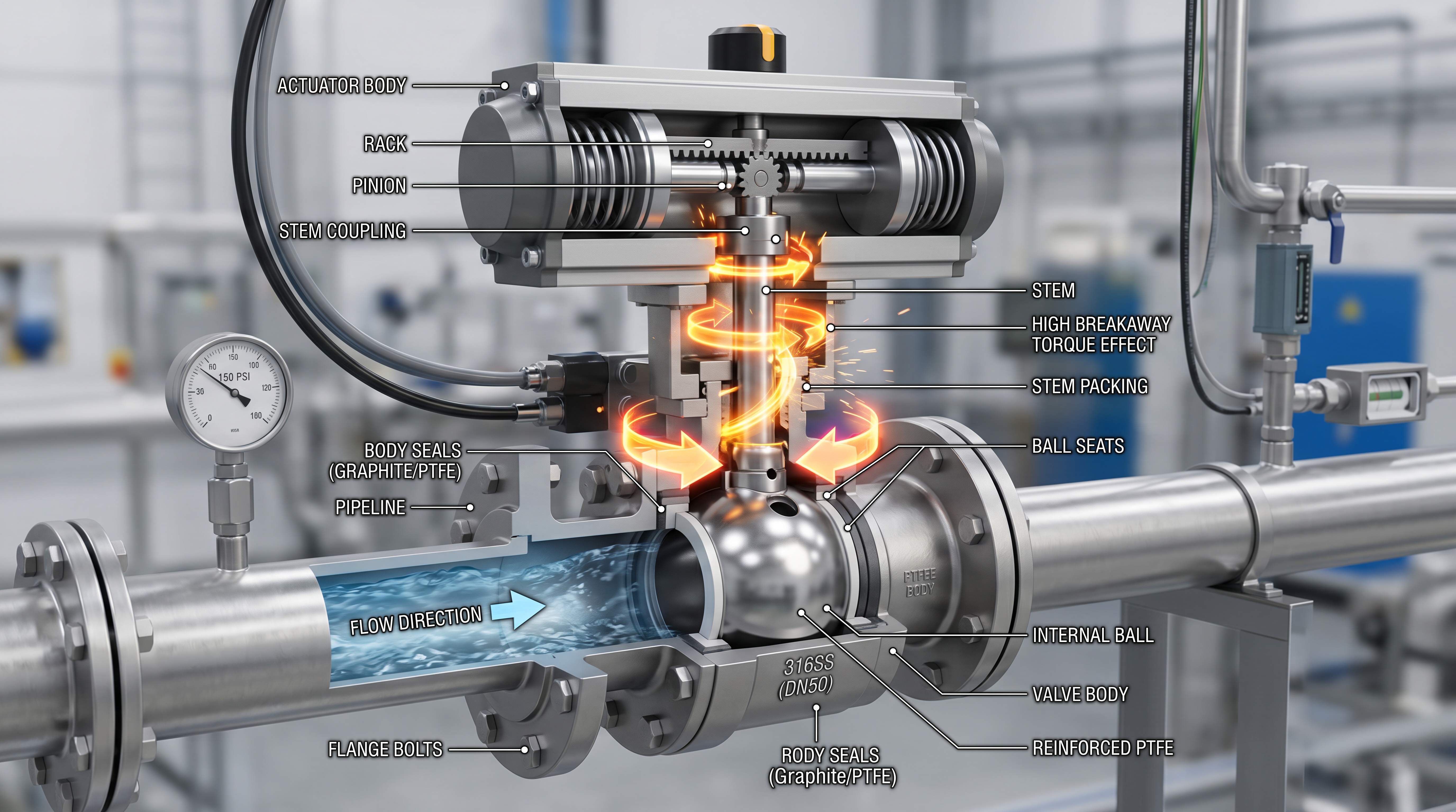 Ball valve breakaway torque illustration showing pneumatic actuator rack and pinion stem coupling ball seats and high starting torque effect